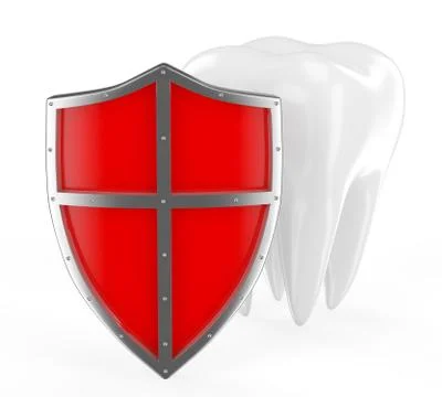 Tooth with metal shield on white background (Protection Concept) Illustrazione stock