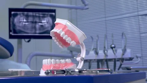 Tooth model against the backdrop of a panoramic X-ray at the dentist's office Stock-Footage 72785906