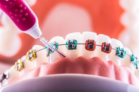 Tooth model from dental braces with inter dental teeth cleaning brush Stock Photos