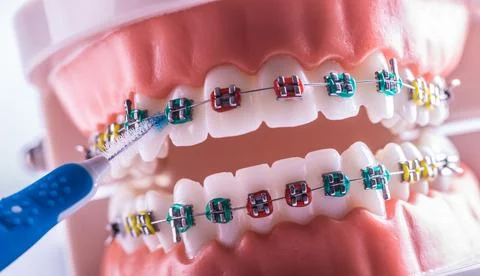 Tooth model from dental braces with inter dental teeth cleaning brush Stock Photos