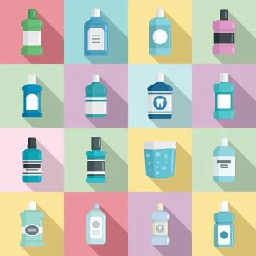 Tooth rinse icons set flat vector. Fresh breath Illustrazione stock