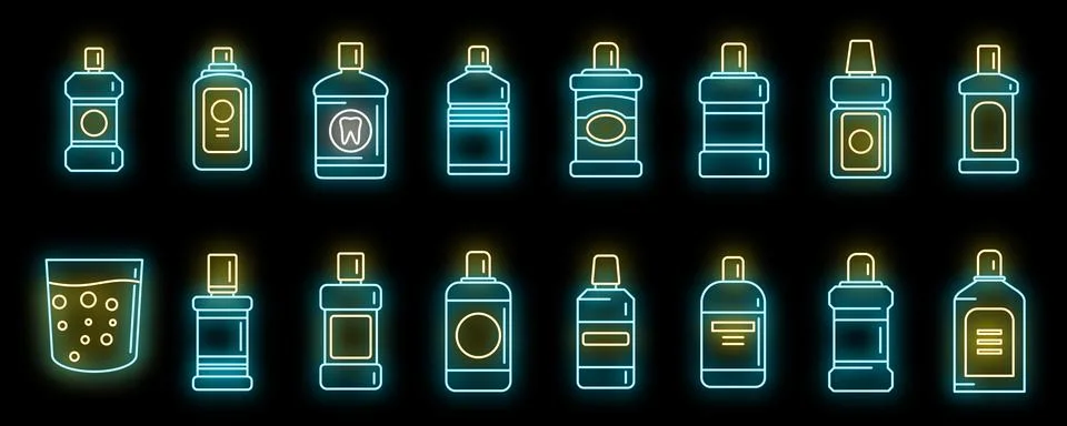 Tooth rinse icons set vector neon 스톡 일러스트
