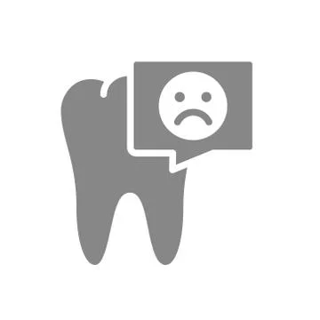 Tooth with sad face in chat bubble gray icon. Diseased organ symbol Stock Illustration
