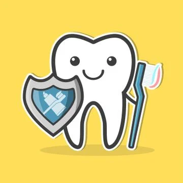 Tooth with shield and toothbrush. Illustrazione stock
