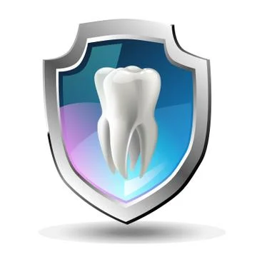 A tooth shield concept of a shiny white tooth being protected by a shield icon Stock Illustration