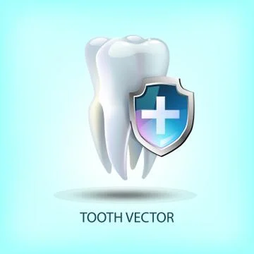 A tooth shield concept of a shiny white tooth being protected by a shield icon Stock Illustration
