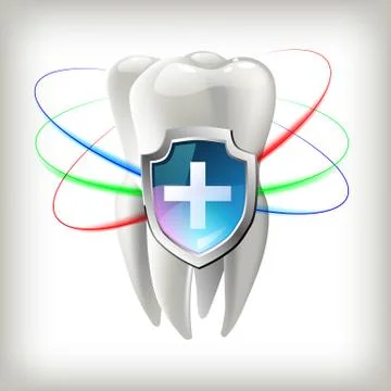 A tooth shield concept of a shiny white tooth being protected by a shield icon Stock Illustration