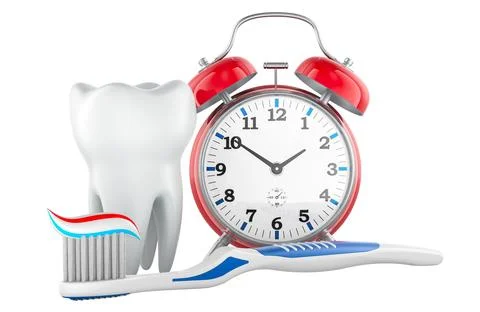 Tooth, toothbrush with toothpaste and alarm clock. 3D rendering 스톡 일러스트