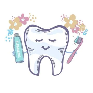 Tooth with a toothbrush Toothpaste, smiling. isolated on white with flowers Stock Illustration