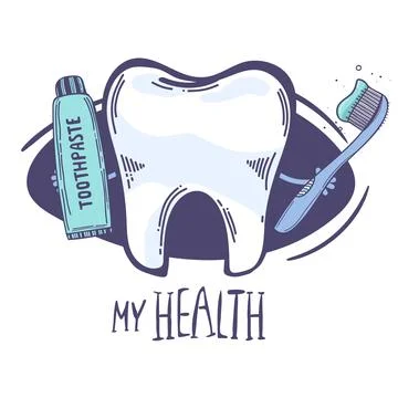 Tooth with a toothbrush Toothpaste, smiling. isolated on white hand drawing Stock Illustration