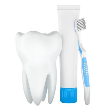 Tooth with toothpaste tube and toothbrush. 3D rendering Stock Illustration
