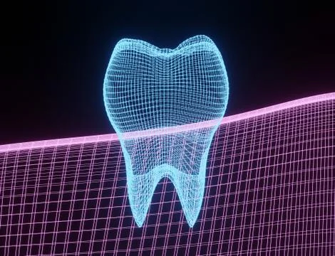 Tooth Wireframe Mesh. Neon grid molar. Connection Structure. Dental medicine, Illustrazione stock
