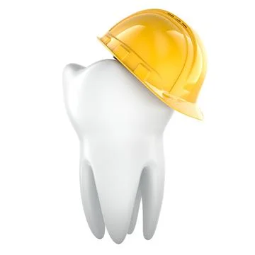 Tooth with yellow construction hard hat, dental safety. 3D rendering Stock Illustration