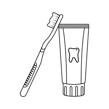 Toothbrush and toothpaste, black outline on white background Stock Illustration