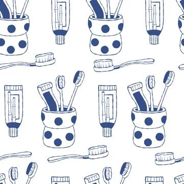 Toothbrush and Toothpaste Seamless Pattern. Blue Line Art Tooth Paste Tube .. Stock Illustration