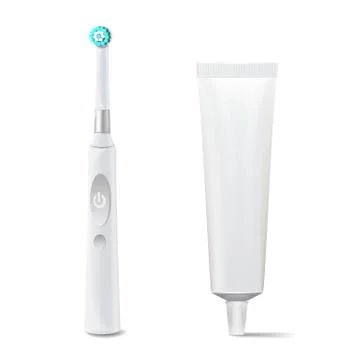 Toothbrush And Toothpaste Tube Vector. Realistic Electric Tooth Brush Mock Up Stock Illustration
