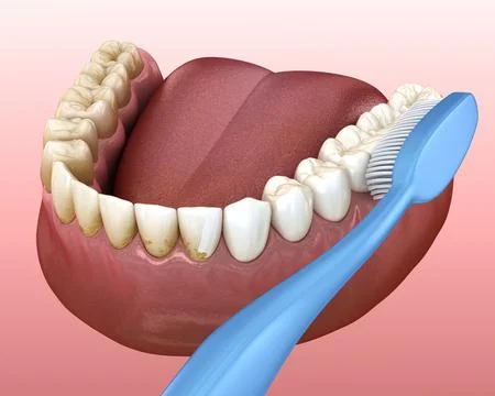Toothbrush cleaning teeth. Medically accurate 3D illustration of oral hygiene Stock Illustration
