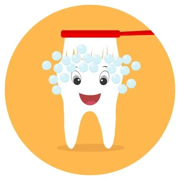 The toothbrush cleans the tooth. An animated tooth of a man with a mouth Stock Illustration