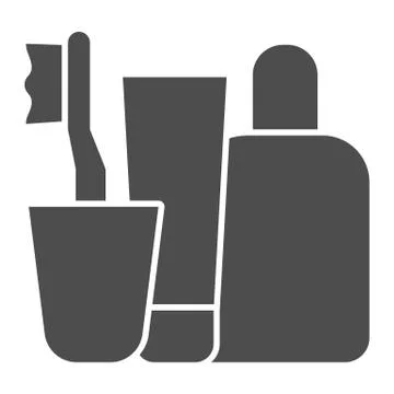 Toothbrush, cream, shampoo solid icon. Set for hygiene, bathroom accessories Stock Illustration