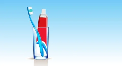 Toothbrush with paste in glass cup on blue gradient background. Copy space. Stock Illustration