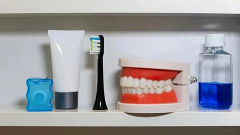 Toothbrush toothpaste and dental model on a shelf Foto stock