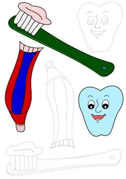Toothbrush, toothpaste and tooth Illustrazione stock