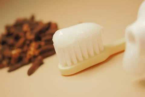 Toothbrush with toothpaste beside brown cloves in a simple setting Stock Photos