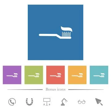Toothbrush with toothpaste flat white icons in square backgrounds Stock Illustration