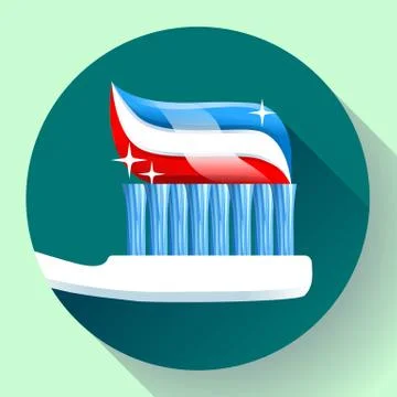 Toothbrush with toothpaste Icon flat style. Tricolor and shining sparkles Stock Illustration