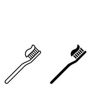 Toothbrush with Toothpaste Icon Set in Outline and Silhouette Stock Illustration