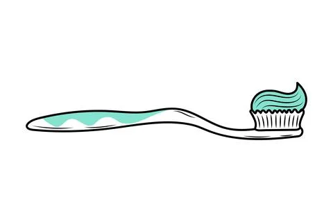 Toothbrush with toothpaste. Linear doodle illustration with blue shapes. Stock Illustration