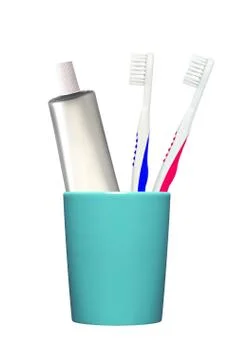 Toothbrushes and toothpaste in glass isolated on white Stock Photos