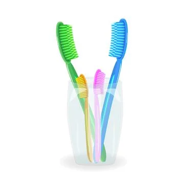 Toothbrushes in mug isolated on white background. Plastic toothbrushes. Stock Illustration