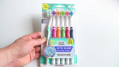 Toothbrushes set soft bristle tooth brush by Guru Nanda brand for gum health Stock Footage 316492758