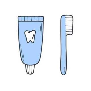 Toothpaste and toothbrush hand drawn icon Stock Illustration