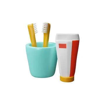 Toothpaste and toothbrushes in cup 3D plastic cartoon vector icon, dental care Stock Illustration