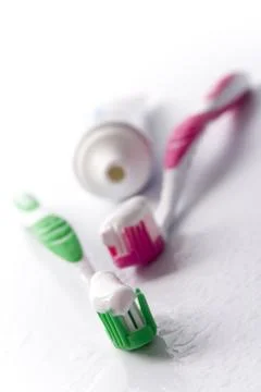 Toothpaste and toothbrushes 스톡 사진