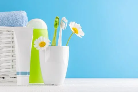 Toothpaste and toothbrushes 스톡 사진