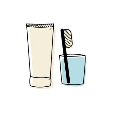 Toothpaste with brush in glass jar doodle style Stock Illustration