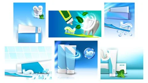Toothpaste Creative Advertising Posters Set Vector Illustration Stock Illustration