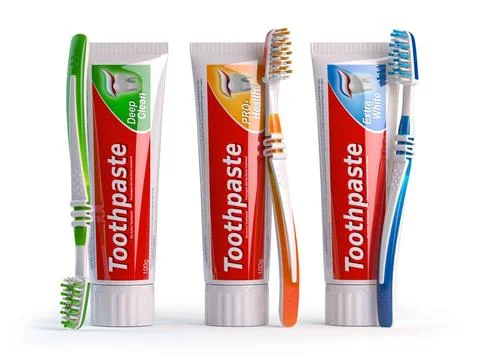 Toothpaste of different types and toothbrushes of different colors. Toothp... Stock Photos