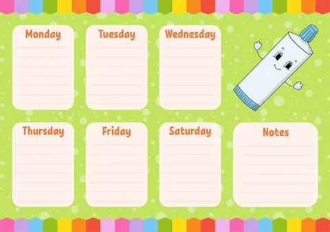 Toothpaste. School schedule. Timetable for schoolboys. Empty template. Weekly Ilustración de archivo