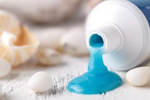 Toothpaste with sea minerals squeezed out from a toothpaste tube Stock Photos