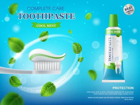 Toothpaste, toothbrush and mint leaves poster Stock Illustration