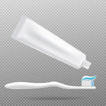 Toothpaste tube with paste on toothbrush realistic vector illustration isolated. Ilustración de archivo