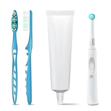 Toothpaste Tube, Plastic And Electric Toothbrush Vector. Mock Up For Branding Stock Illustration