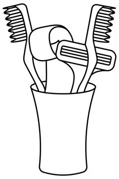 Toothpaste, two toothbrushes and razor in a glass. Sketch. Vector. 库存插图