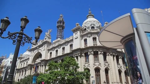 Toourists on excursionat the central square City Hall Plaza in Valencia, Spain Stock Footage 85044428