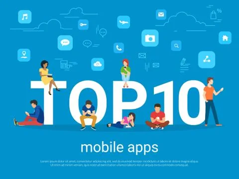 Top 10 mobile apps and people with gadgets using smartphones Illustrazione stock