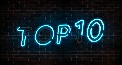 Top 10 neon light text with burnt out lamps on empty red brick wall banner. Stock Illustration